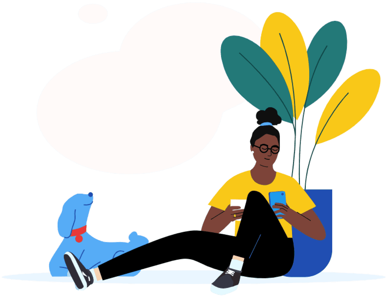Drawing of a woman sitting next to plant looking at her phone and notes. There is a dog laying down next to her.